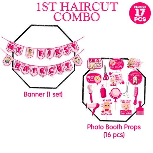 ZYOZI My First Hair Cut Mundan Baby Welcome Ceremony Decorations Set For Baby Girl - My First Hair Cut Paper Banner & Photo Booth Props, Pink (Pack Of 17)