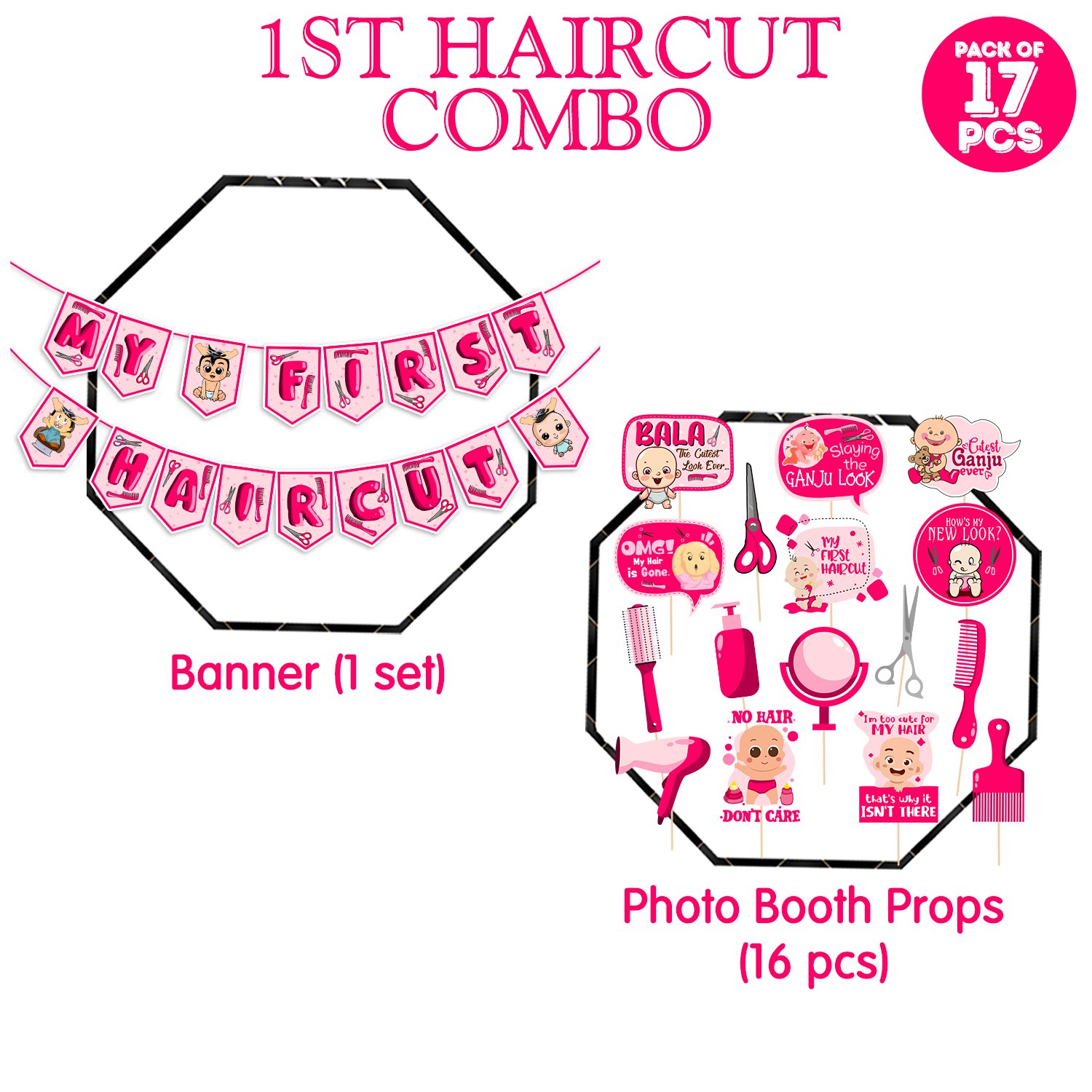 ZYOZI My First Hair Cut Mundan Baby Welcome Ceremony Decorations Set For Baby Girl - My First Hair Cut Paper Banner & Photo Booth Props, Pink (Pack Of 17) - Image 2