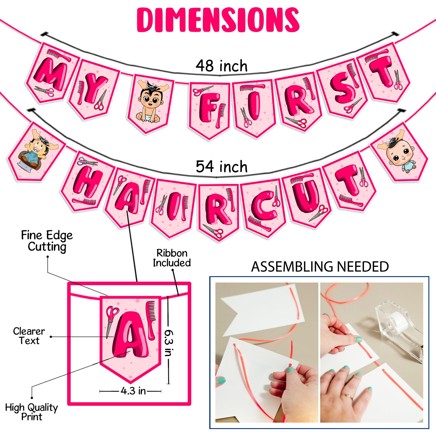 ZYOZI My First Hair Cut Mundan Baby Welcome Ceremony Decorations Set For Baby Girl - My First Hair Cut Paper Banner & Photo Booth Props, Pink (Pack Of 17) - Image 5