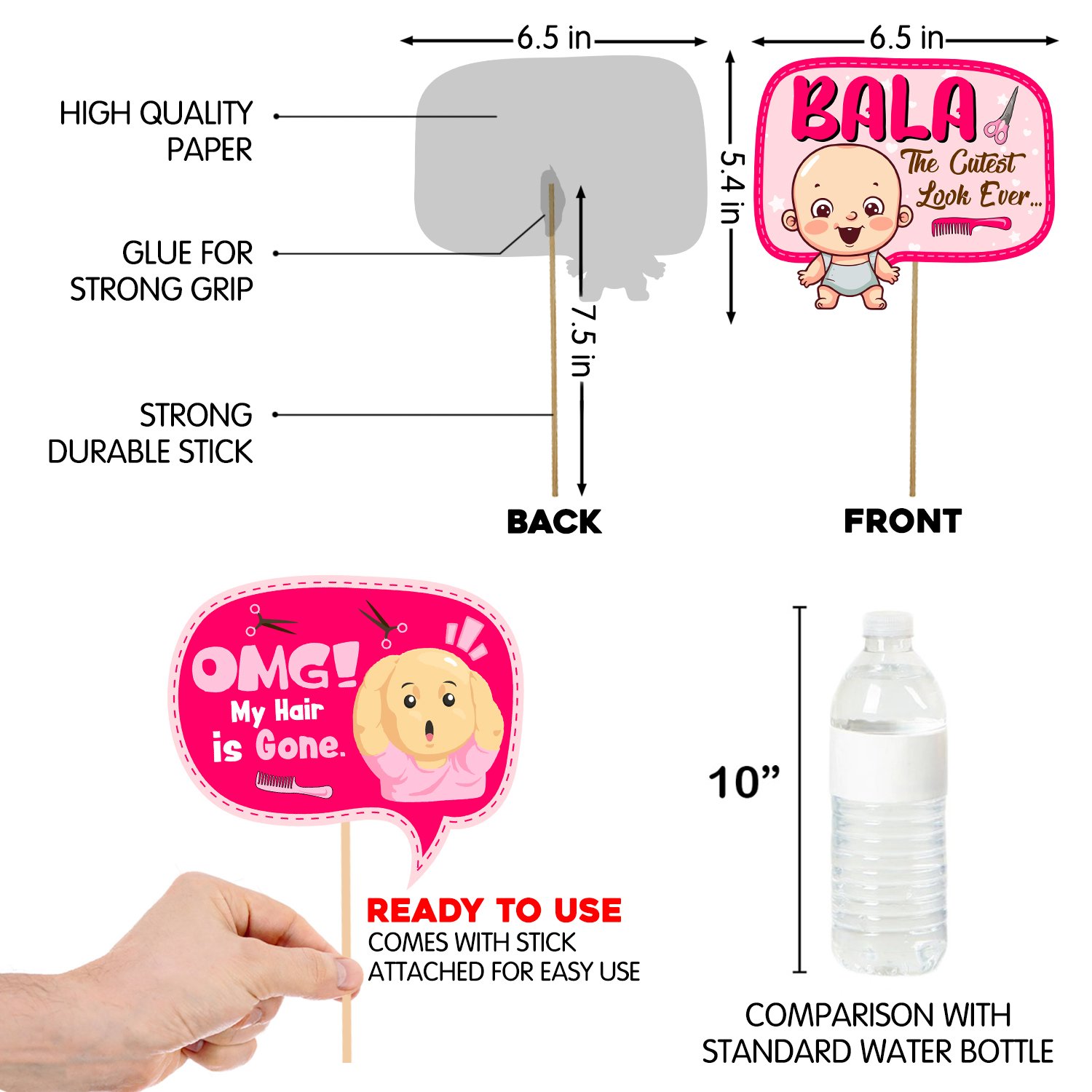 ZYOZI My First Hair Cut Mundan Baby Welcome Ceremony Decorations Set For Baby Girl - My First Hair Cut Paper Banner & Photo Booth Props, Pink (Pack Of 17) - Image 4