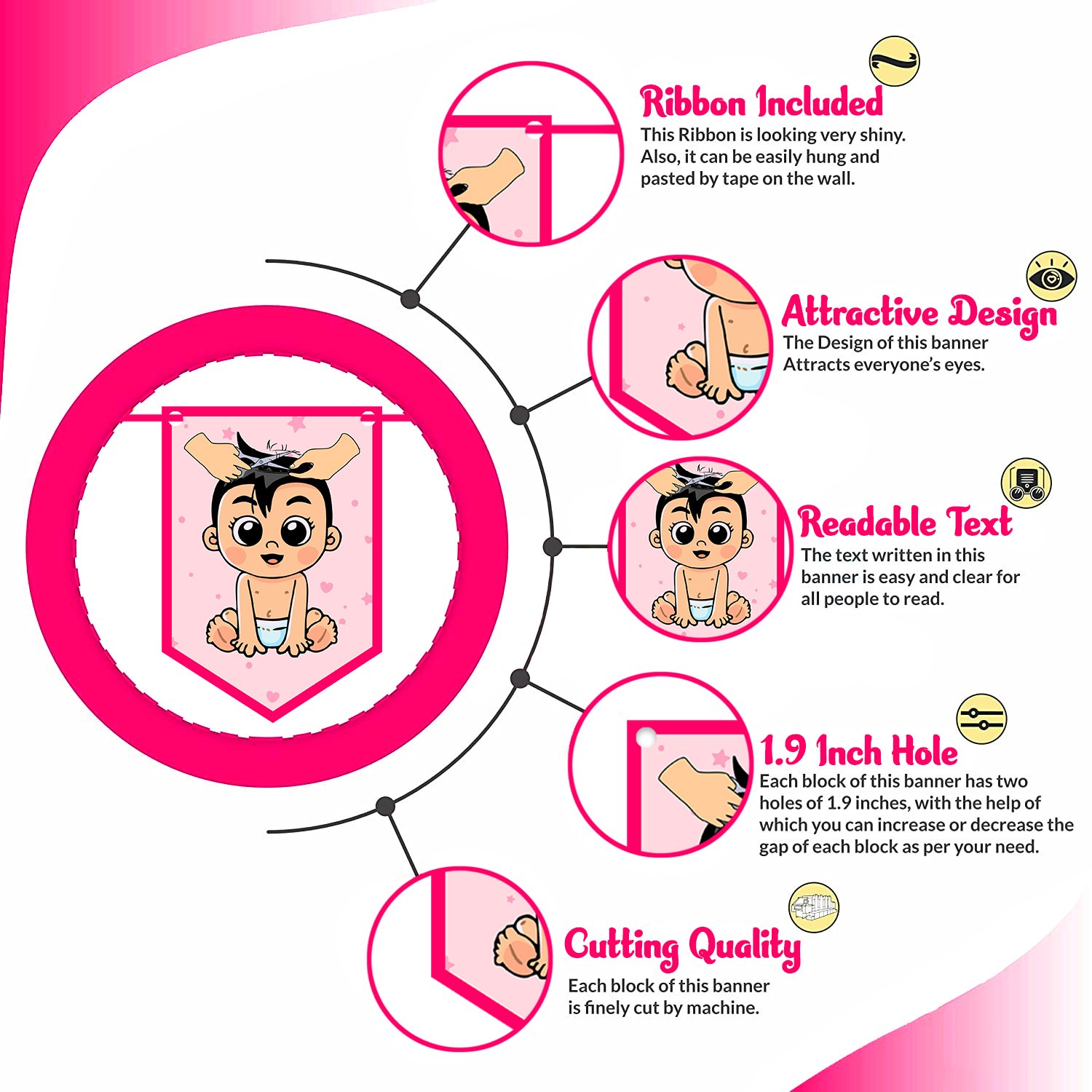 ZYOZI My First Hair Cut Mundan Baby Welcome Ceremony Decorations Set For Baby Girl - My First Hair Cut Paper Banner & Photo Booth Props, Pink (Pack Of 17) - Image 3