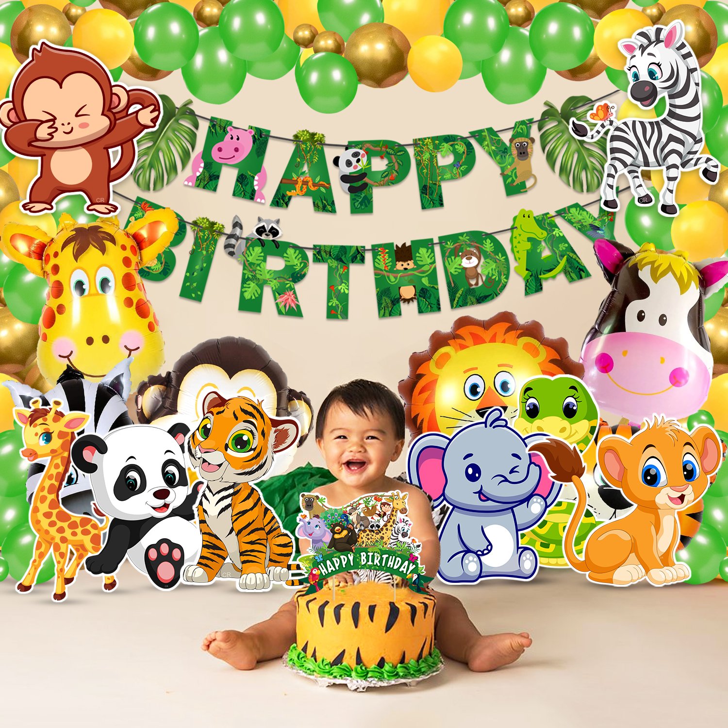 Zyozi Jungle Safari Birthday Decoration Kids,Animal Birthday Party Decoration Paper Bunting Banner with Balloons, Cake Topper,Foil Balloons, Cardstock Cutout,Glue & Arch Kit (Pack of 68) - Image 4