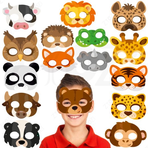 ZYOZI Animal Theme Face Masks for Kids, Party Costume Masks Set with Lion, Tiger, Panda, Bear & More, Jungle Theme Birthday Party Decorations Item, Safari Themes Party Favors - 16 Pieces