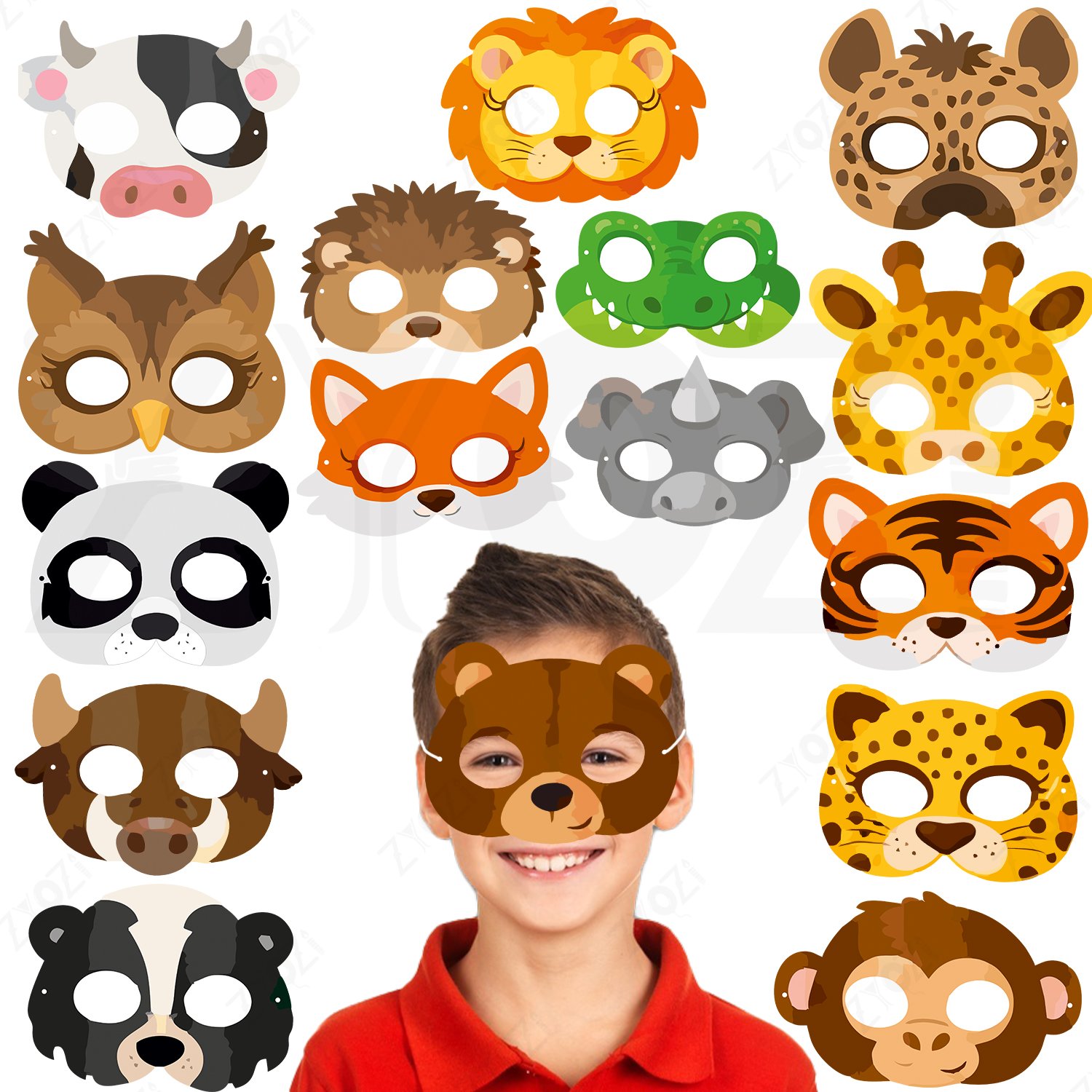 ZYOZI Animal Theme Face Masks for Kids, Party Costume Masks Set with Lion, Tiger, Panda, Bear & More, Jungle Theme Birthday Party Decorations Item, Safari Themes Party Favors - 16 Pieces
