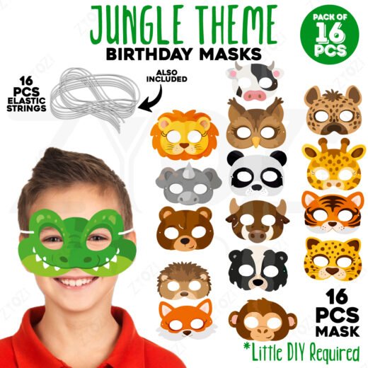 ZYOZI Animal Theme Face Masks for Kids, Party Costume Masks Set with Lion, Tiger, Panda, Bear & More, Jungle Theme Birthday Party Decorations Item, Safari Themes Party Favors - 16 Pieces