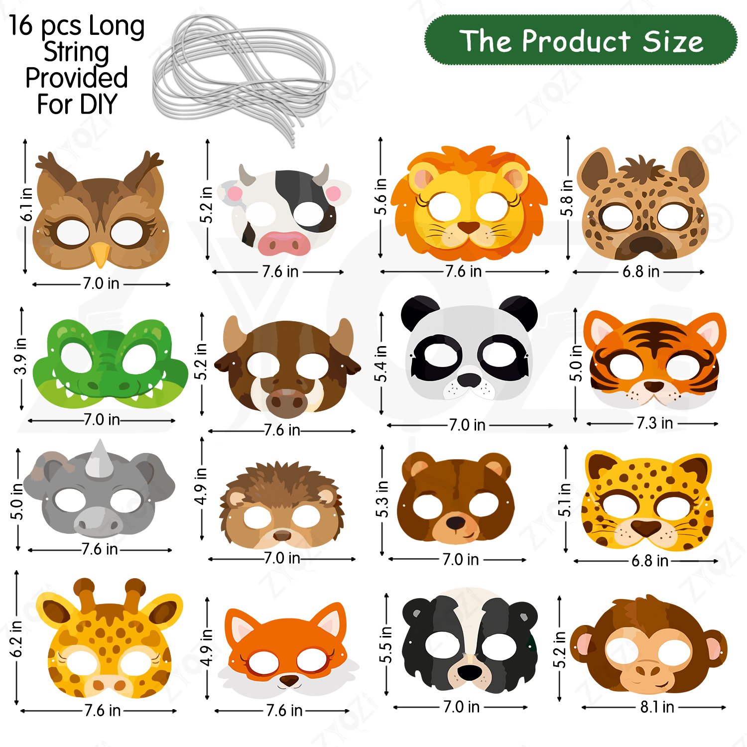 ZYOZI Animal Theme Face Masks for Kids, Party Costume Masks Set with Lion, Tiger, Panda, Bear & More, Jungle Theme Birthday Party Decorations Item, Safari Themes Party Favors - 16 Pieces - Image 3