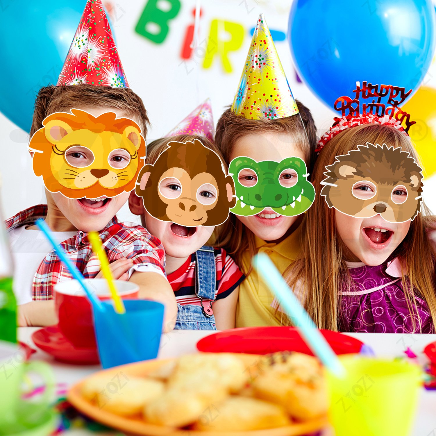 ZYOZI Animal Theme Face Masks for Kids, Party Costume Masks Set with Lion, Tiger, Panda, Bear & More, Jungle Theme Birthday Party Decorations Item, Safari Themes Party Favors - 16 Pieces - Image 5