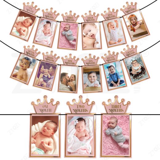 Zyozi Baby Monthly Milestone Photo Paper Banner, Rose Gold Crown Design, 1-12 Months Picture Frame Garland, First Year Memory Keepsake, New Born To 1st Birthday Baby Photo Paper Banner