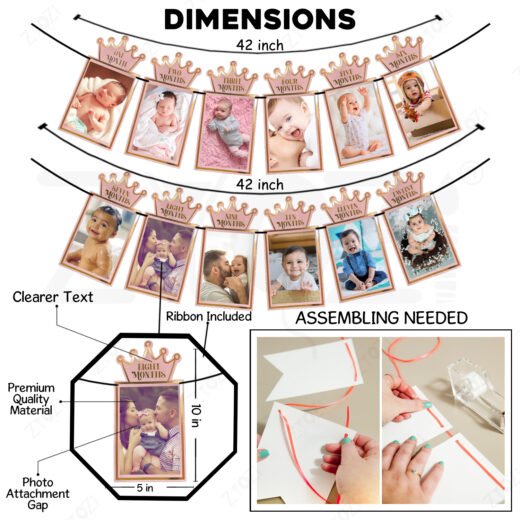 Zyozi Baby Monthly Milestone Photo Paper Banner, Rose Gold Crown Design, 1-12 Months Picture Frame Garland, First Year Memory Keepsake, New Born To 1st Birthday Baby Photo Paper Banner