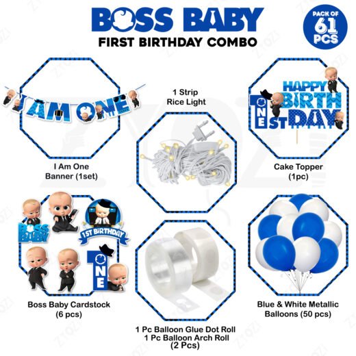 Zyozi Boss Baby Theme 1st Birthday Combo | Boss Baby First Birthday | 1st Birthdays Decorations Items | Party Decoration Items | Party Supplies - Boss Balloon Arch Kit (Pack Of 61)