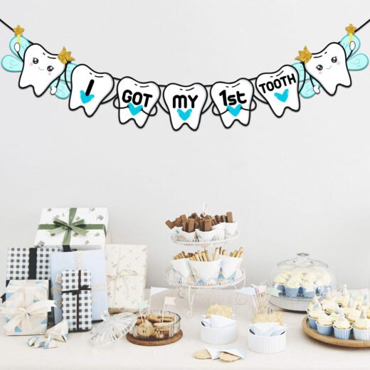 ZYOZI I Got My First Tooth Banner/I Got My First Tooth Decoration/I Got My 1St Tooth Banner Bunting Banner (1 Set) (Baby Boy), White