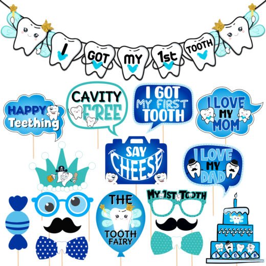 Zyozi 16 Pcs I Got My First Tooth Photo Booth Party Props 1 Set I Got My First Birthday Paper Banner/First Tooth Decoration/First Tooth Decoration Items for Baby (Pack of 17)
