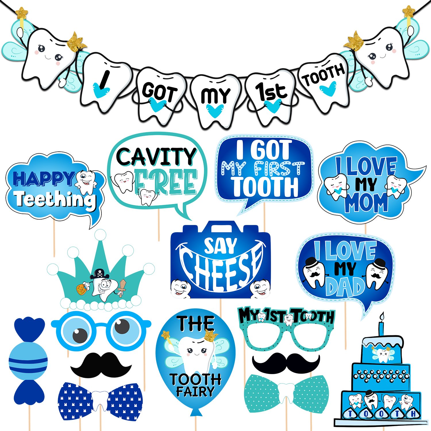 Zyozi 16 Pcs I Got My First Tooth Photo Booth Party Props 1 Set I Got My First Birthday Paper Banner/First Tooth Decoration/First Tooth Decoration Items for Baby (Pack of 17)