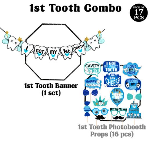 Zyozi 16 Pcs I Got My First Tooth Photo Booth Party Props 1 Set I Got My First Birthday Paper Banner/First Tooth Decoration/First Tooth Decoration Items for Baby (Pack of 17)