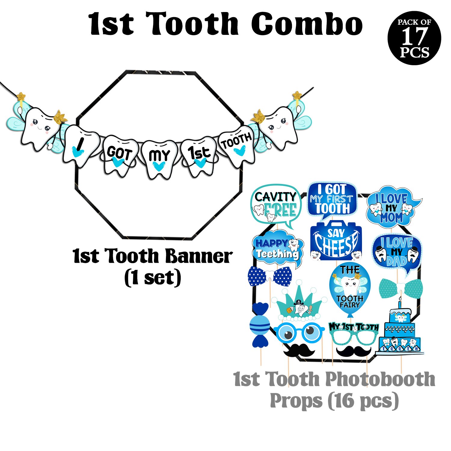 Zyozi 16 Pcs I Got My First Tooth Photo Booth Party Props 1 Set I Got My First Birthday Paper Banner/First Tooth Decoration/First Tooth Decoration Items for Baby (Pack of 17) - Image 2