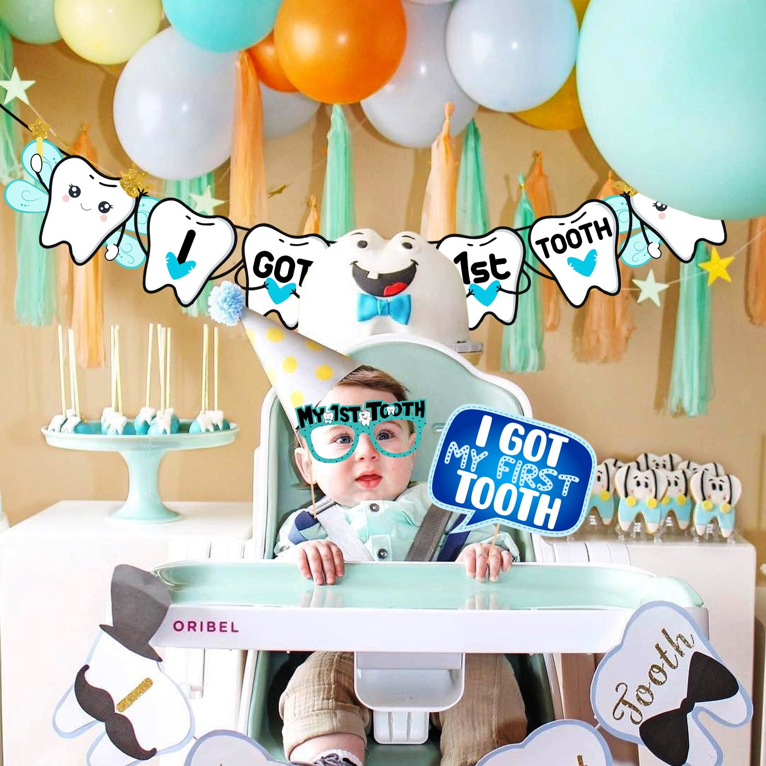 Zyozi 16 Pcs I Got My First Tooth Photo Booth Party Props 1 Set I Got My First Birthday Paper Banner/First Tooth Decoration/First Tooth Decoration Items for Baby (Pack of 17) - Image 3