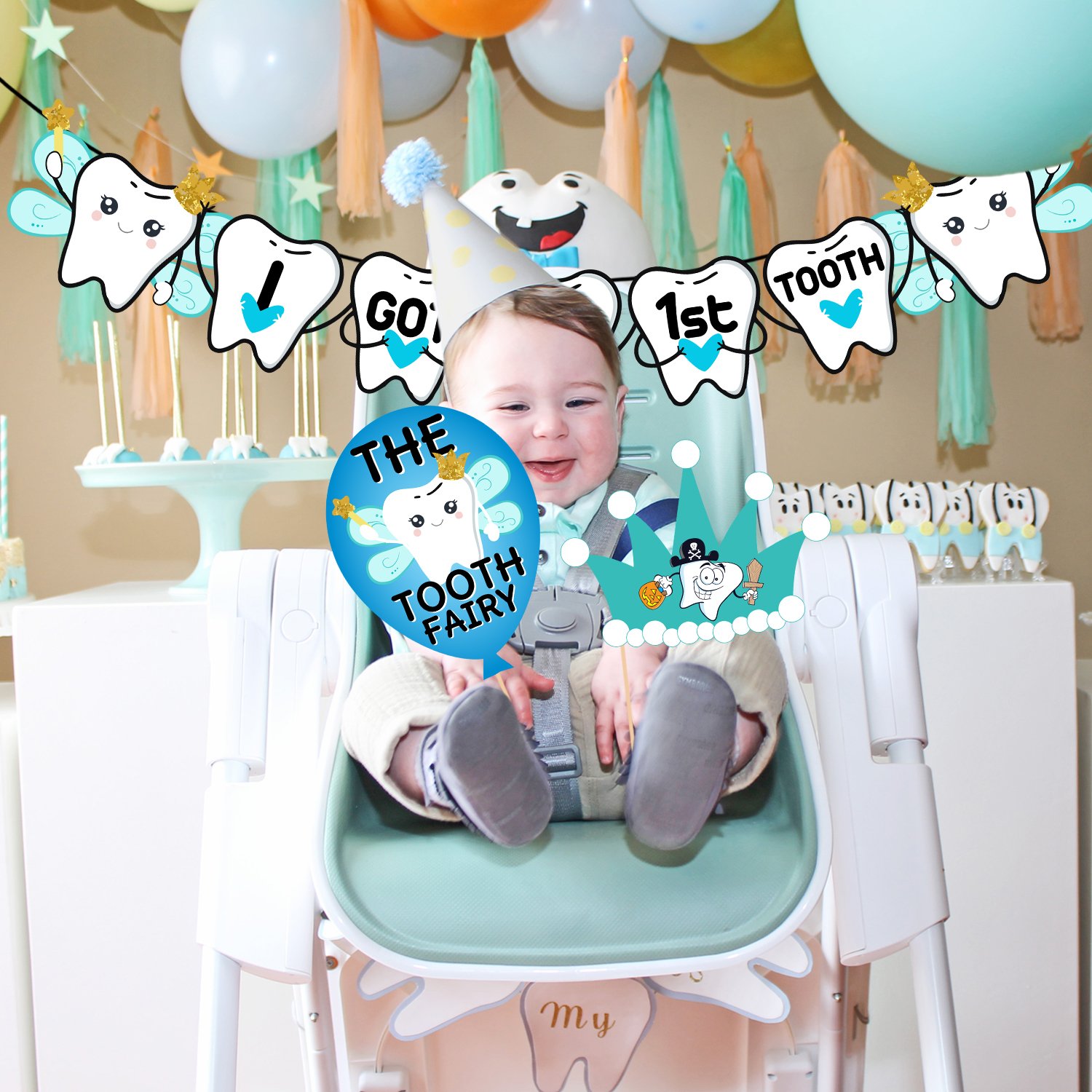Zyozi 16 Pcs I Got My First Tooth Photo Booth Party Props 1 Set I Got My First Birthday Paper Banner/First Tooth Decoration/First Tooth Decoration Items for Baby (Pack of 17) - Image 6