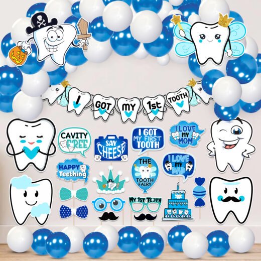 Zyozi 65 pack I Got My First Tooth Decoration Kit included Cutout Photo Booth Paper Banner and Balloons,First Tooth Decoration Items,1st Teeth Decoration Items,Rice Ceremony Decoration (Blue)
