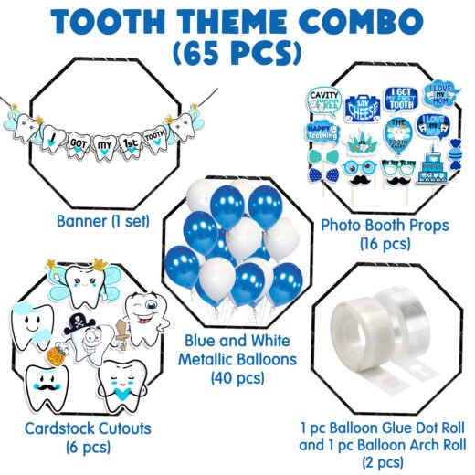 Zyozi 65 pack I Got My First Tooth Decoration Kit included Cutout Photo Booth Paper Banner and Balloons,First Tooth Decoration Items,1st Teeth Decoration Items,Rice Ceremony Decoration (Blue)