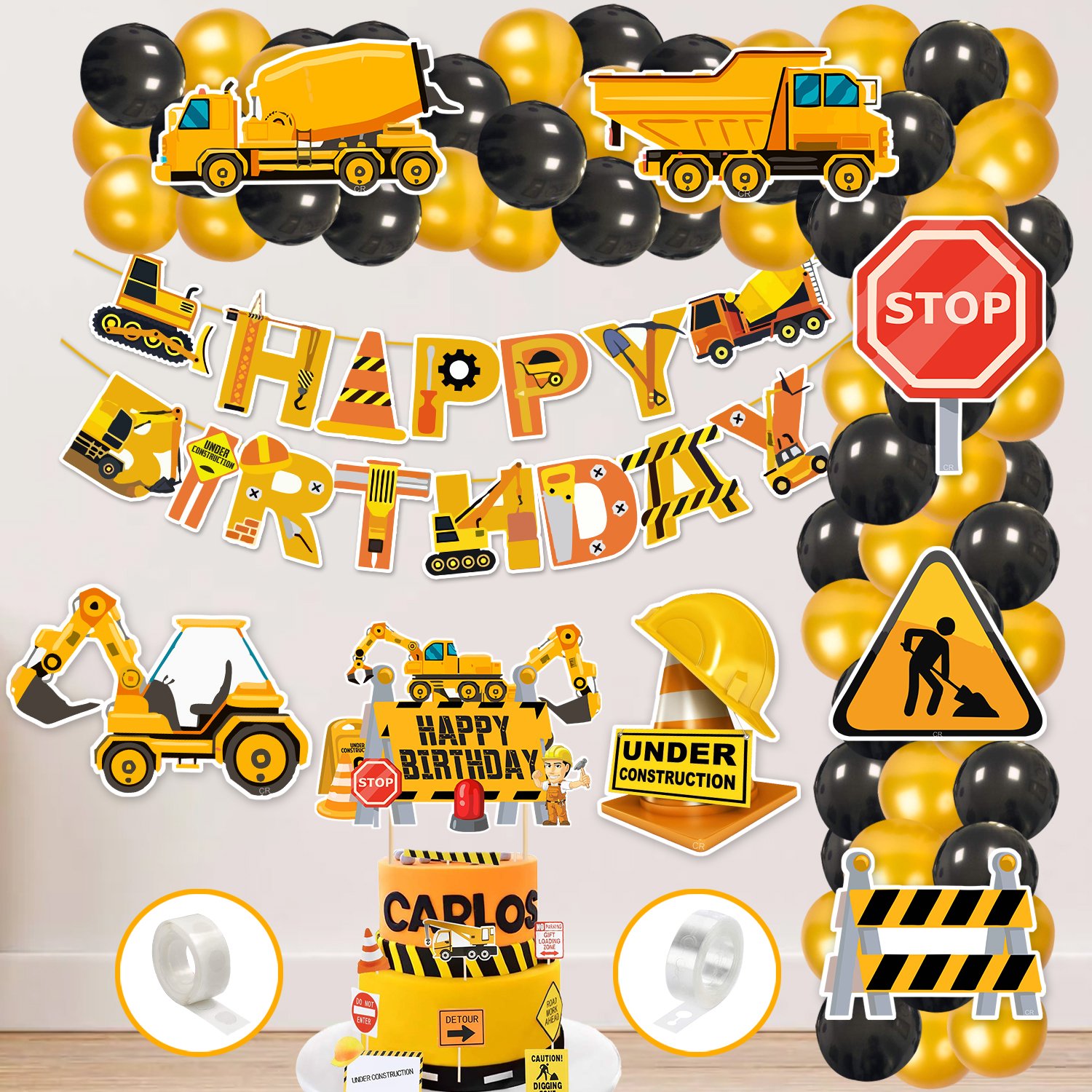 Zyozi 61 Pcs Under Construction Theme Balloon Arc Decoration Kit for Boys with Happy Birthday Paper Banner
