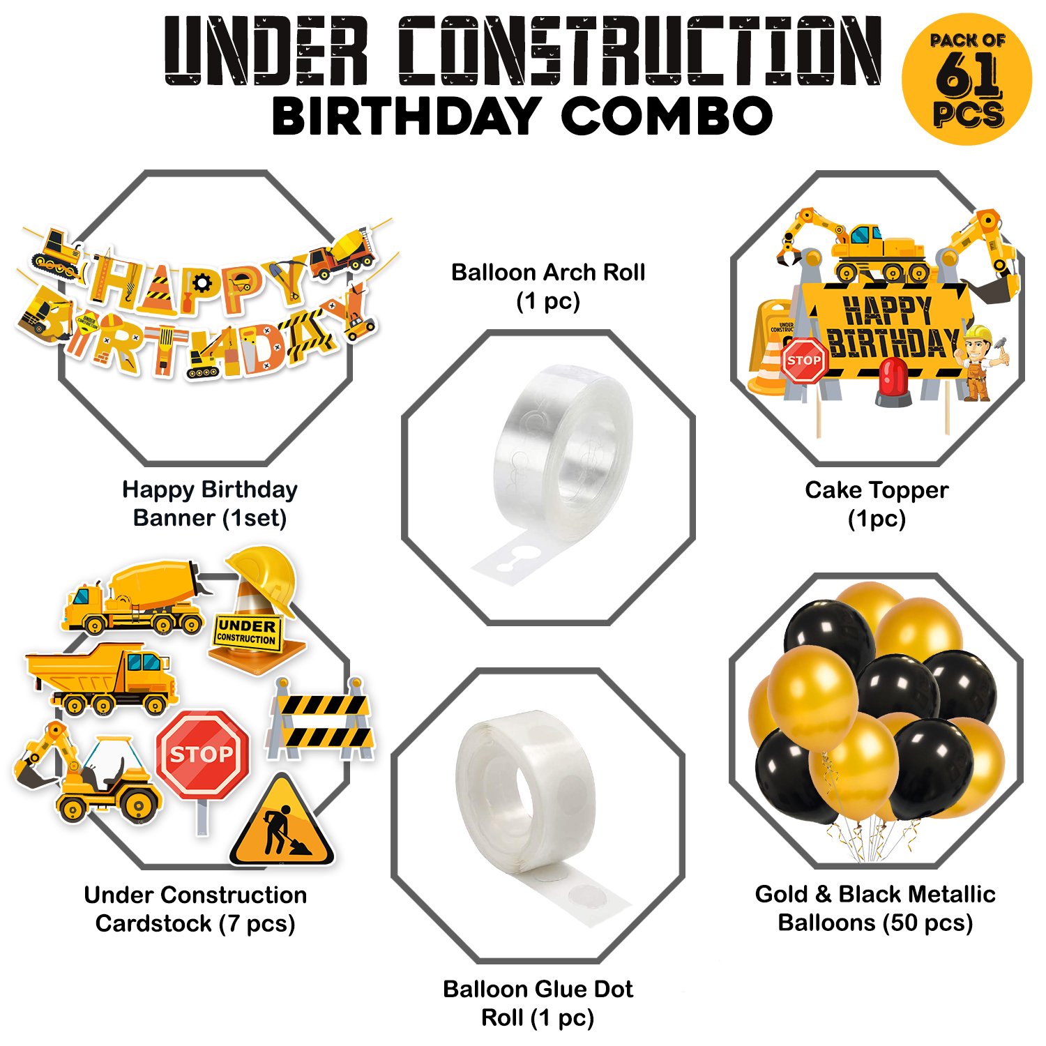 Zyozi 61 Pcs Under Construction Theme Balloon Arc Decoration Kit for Boys with Happy Birthday Paper Banner - Image 2