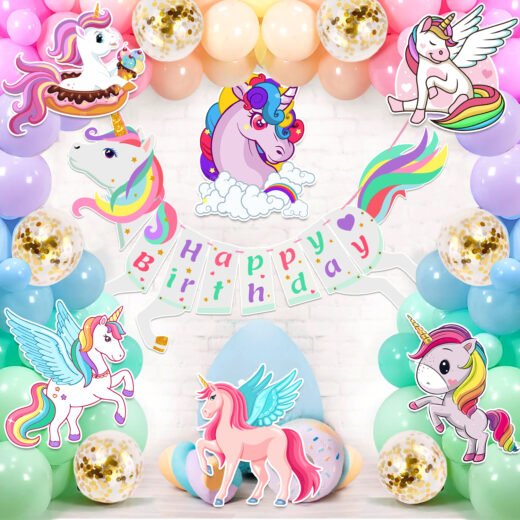 Zyozi 54 Piece Unicorn Birthday Decoration Kit with Paper Banner, Cardstock Cutouts, Arch, Glue Dots, Gold Confetti Balloons and Multicolor Pastel Balloons for Birthday Party