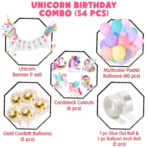 Zyozi 54 Piece Unicorn Birthday Decoration Kit with Paper Banner, Cardstock Cutouts, Arch, Glue Dots, Gold Confetti Balloons and Multicolor Pastel Balloons for Birthday Party
