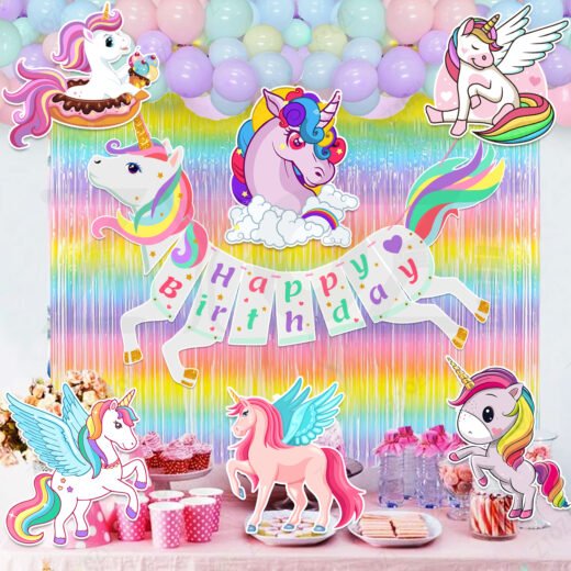 Zyozi Unicorn Theme Birthday Decoration Items| Party Decorations - Paper Banner,Balloons,Multi Foil Curtains, Cardstock, Glue Dot & Ribbon (Pack Of 41)