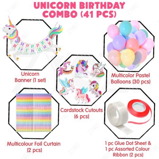 Zyozi Unicorn Theme Birthday Decoration Items| Party Decorations - Paper Banner,Balloons,Multi Foil Curtains, Cardstock, Glue Dot & Ribbon (Pack Of 41)