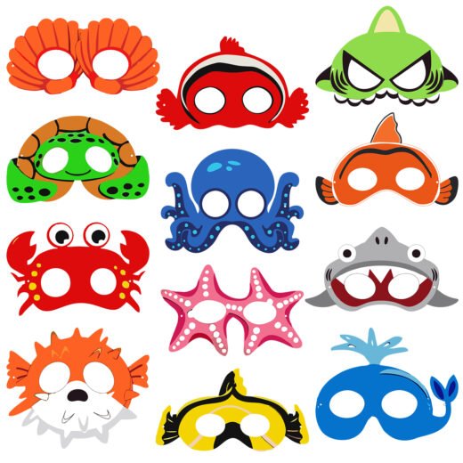 ZYOZI Under Water Theme Birthday Masks for Kids, Party Decorations and Photo Booth Props (Pack of 12)