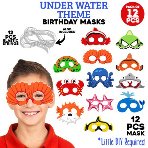 ZYOZI Under Water Theme Birthday Masks for Kids, Party Decorations and Photo Booth Props (Pack of 12)